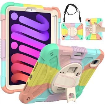 For iPad mini (2021) Tablet Case Silicone+PC Rotating Kickstand Cover with Pencil Holder / Shoulder Strap