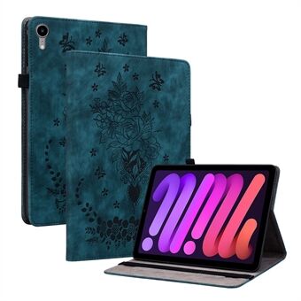 For iPad mini (2021) PU Leather Card Holder Shell Butterfly Rose Imprinted Tablet Stand Case