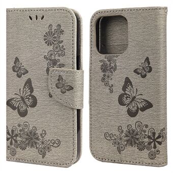 Leather Wallet Case Imprint Butterfly Flower Phone Case with Stand for iPhone 13 6.1 inch