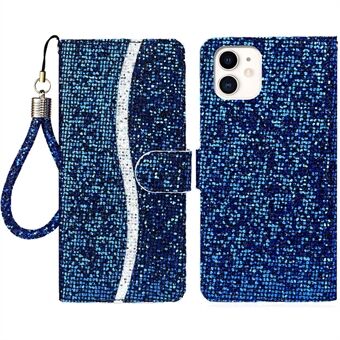 Strap Design Glittery Powder Leather Wallet Phone Stand Protective Case for iPhone 13 6.1 inch