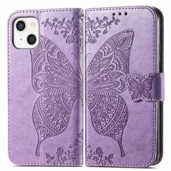 Drop-resistant Big Butterfly Imprinting Leather Wallet Cover with Strap for iPhone 13 6.1 inch