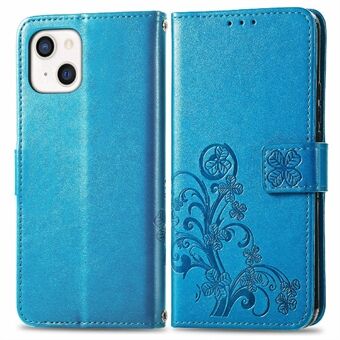 Imprinted Four-leaf Clover Anti-drop Magnet Clasp Leather Phone Case for iPhone 13 6.1 inch