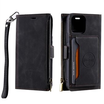 Zipper Design Wallet Well-protected Phone Cover with Strap for iPhone 13 6.1 inch