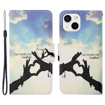 All-round Protective Pattern Printing Leather Phone Stand Shell with Strap for iPhone 13 6.1 inch