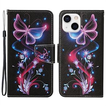 Pattern Printing Wallet Stand Design PU Leather Phone Case Shell with Wrist Strap for iPhone 13 6.1 inch