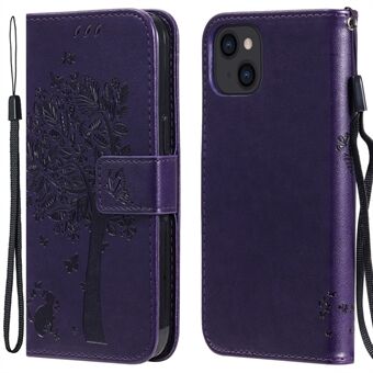 Drop-resistant Cat and Tree Pattern Imprinting Protective Leather Wallet Phone Cover with Stand for iPhone 13 6.1 inch