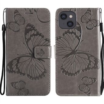 Full Protective Butterfly Pattern Imprinting Leather Cell Phone Shell with Strap for iPhone 13 6.1 inch