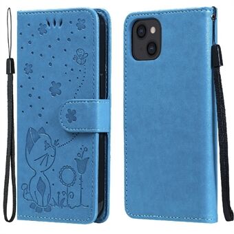 Full Protection Cat and Bee Pattern Imprinting PU Leather Stand Wallet Case with Strap for iPhone 13 6.1 inch