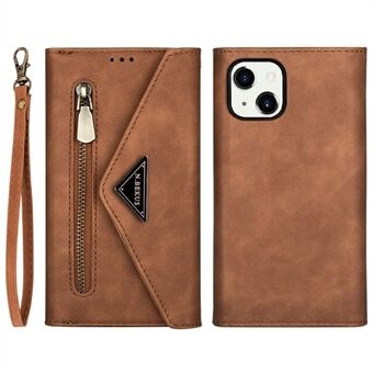 Zipper Wallet Strap Snap Button Closure Protective Leather Phone Case with Stand for iPhone 13 6.1 inch