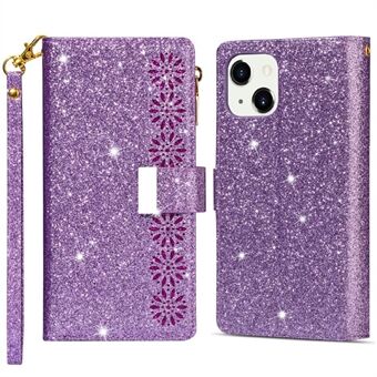 Glittery Starry Style Laser Carving Zipper Wallet Stand Full-Protection Leather Phone Case Cover for iPhone 13 6.1 inch