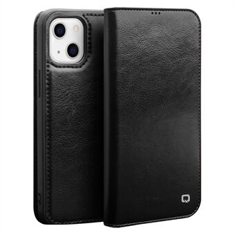 QIALINO For iPhone 13 6.1 inch Top Layer Cowhide Leather Wallet Stand Phone Case Protector