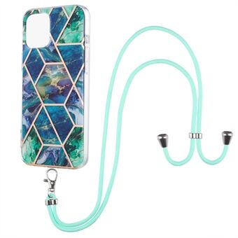 2.0mm Slim Marble Splicing Pattern Double-sided IMD Electroplating Flexible TPU Case with Lanyard for iPhone 13 6.1 inch