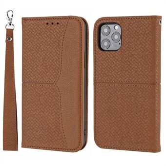 All-Round Protection Auto-Absorbed Woven Texture Splicing Wallet Stand Leather Case with Handy Strap for iPhone 13 6.1 inch