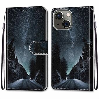 Foldable Stand Stylish Pattern Printing Shock-Proof Leather Cover Wallet Phone Case with Handy Strap for iPhone 13 6.1 inch