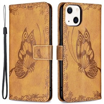 Imprint Butterfly Flower PU Leather Flip Protective Phone Case with Stand and Strap for iPhone 13 6.1 inch