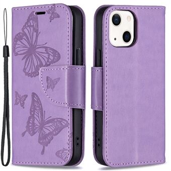 Imprint Butterfly PU Leather Flip Wallet Case Cover with Stand and Wrist Strap for iPhone 13 6.1 inch