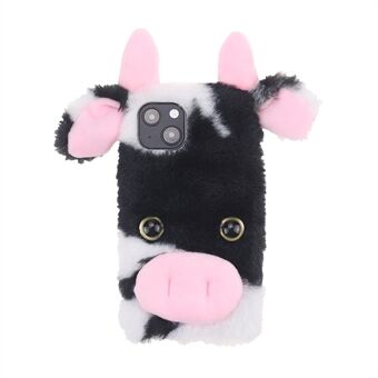 Cute Dairy Cattle Warm Fluffy Handmade Fur Soft Plush TPU Phone Case with Glitter Rhinestone Bow Knot for iPhone 13 6.1 inch