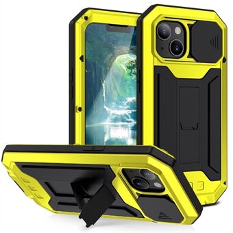 R-JUST Slide Camera Cover Shockproof PC + Silicone + Metal Hybrid Phone Case Cover with Kickstand Design for iPhone 13 6.1 inch