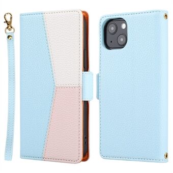 Litchi Texture Splicing Color Horizontal Leather Case Flip Wallet Stand Protective Cover with Strap for iPhone 13 6.1 inch