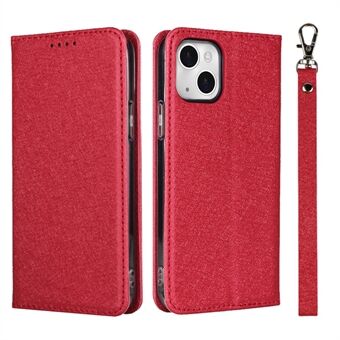 Shockproof Phone Case Full Protection Silk Texture Leather Wallet Cover with Strap for iPhone 13 6.1 inch