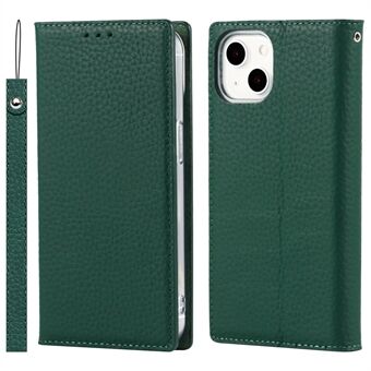 Litchi Stria Genuine Leather Phone Cover Anti-scratch Standing Phone Case for iPhone 13 6.1 inch