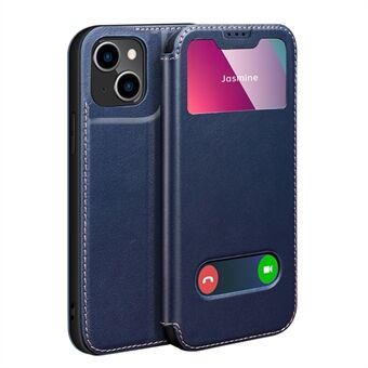 Shock Resistant Phone Case View Window Function Genuine Leather Stand Phone Shell Cover for iPhone 13 6.1 inch