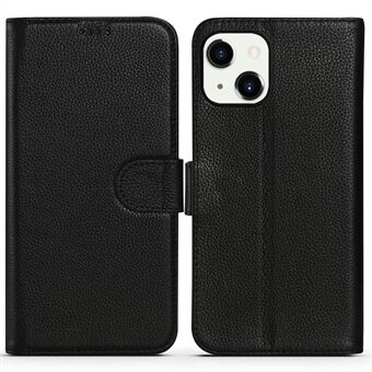 Litchi Texture Genuine Leather Magnetic Closure Stand Flip Cover Shockproof TPU Case for iPhone 13 6.1 inch