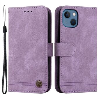 Tree Pattern Metal Button Decor PU Leather Phone Shell Stand Wallet Case with Strap for iPhone 13 6.1 inch