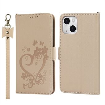 Heart Imprint Wallet Stand Leather Phone Case Full Body Coverage with Wrist Strap for iPhone 13 6.1 inch