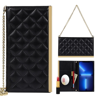 Supporting Stand Phone Case Grid Texture Phone Bag Leather Hand Bag with Makeup Mirror for iPhone 13 6.1 inch