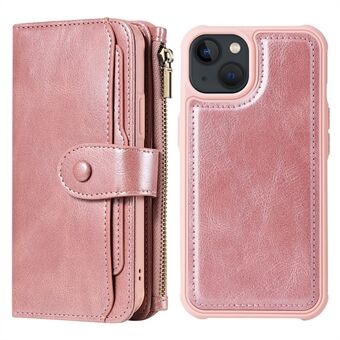 Multifunctional Large Capacity Zipper Pocket Leather Cover Detachable Magnetic Suction Phone Case with Built-in Metal Sheet for iPhone 13 6.1 inch