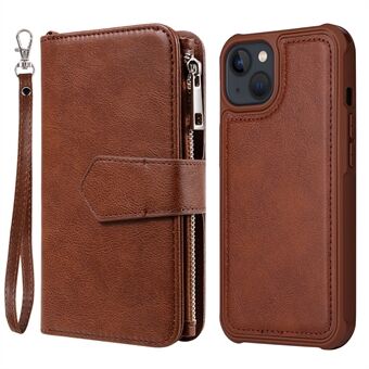 Detachable 2-in-1 Design Zipper Design PU Leather TPU Phone Covering Case Wallet Stand Shell for iPhone 13 6.1 inch