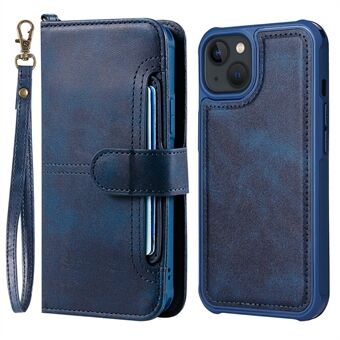 2-in-1 Detachable Anti-Drop Multiple Card Slots Design Wallet Button Closure PU Leather Phone Case for iPhone 13 - Navy Blue