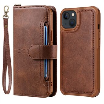 2-in-1 Detachable Anti-Drop Multiple Card Slots Design Wallet Button Closure PU Leather Phone Case for iPhone 13 - Dark Brown