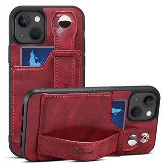 SUTENI Card Slot Design PU Leather + TPU Hybrid Case Fall Protection Phone Shell with Adjustable Hand Strap Kickstand for iPhone 13 6.1 inch