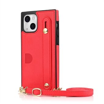 Stylish PU Leather Coated TPU Cover Card Slots Hand Strap Case with Kickstand for iPhone 13 6.1 inch