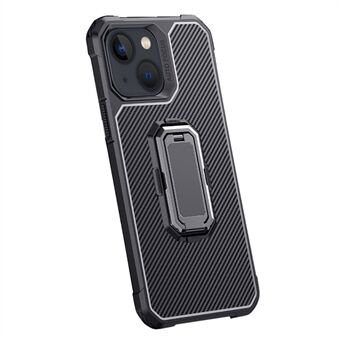 Carbon Fiber Texture TPU Protective Phone Back Cover Case with Hidden Folding Kickstand for iPhone 13 6.1 inch