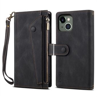 ESEBLE For iPhone 13 6.1 inch Anti-scratch Cell Phone Cover Zipper Pocket Wallet Stand Shockproof Phone Case Bag with Wrist Strap