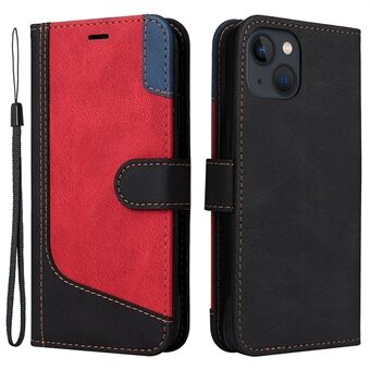 For iPhone 13 6.1 inch Tri-color Splicing PU Leather TPU Case Full Protection Stand Wallet Cover with Strap