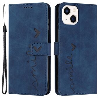 For iPhone 13 6.1 inch Horizontal Stand Heart Shape Imprinted Skin-touch Feeling Case PU Leather Wallet Phone Shell with Strap