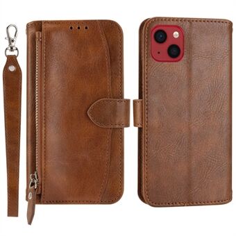 For iPhone 13 6.1 inch Shockproof Folio Flip Phone Wallet Case Zipper Pocket PU Leather Magnetic Phone Shell with Long / Short Straps