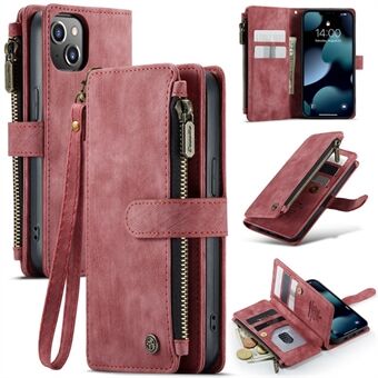 CASEME C30 Series Anti-fall Phone Wallet Case for iPhone 13 6.1 inch, Zipper Pocket PU Leather Mobile Phone Cover Stand Card Holder