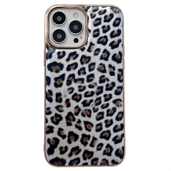 Electroplating Frame Phone Case for iPhone 13 6.1 inch, Leopard Pattern PU Leather Coated TPU Cover