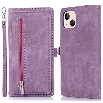 For iPhone 13 6.1 inch Zipper Pocket Design 9 Card Slots Protective Cover PU Leather Wallet Stand Case with Wrist Strap