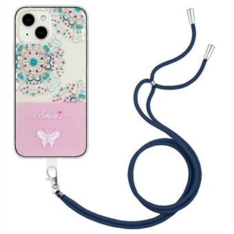 For iPhone 13 6.1 inch Butterfly Pattern Embossed Lacquered Design Case Flexible TPU Shockproof Cover with Lanyard