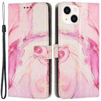 For iPhone 14 / 13 6.1 inch Marble Pattern Printing Stand Phone Case PU Leather Magnetic Clasp Wallet Cover with Strap