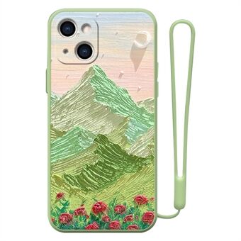 For iPhone 13 6.1 inch Oil Painting Pattern Phone Cover Drop-proof Straight Edge TPU Case with Hand Strap