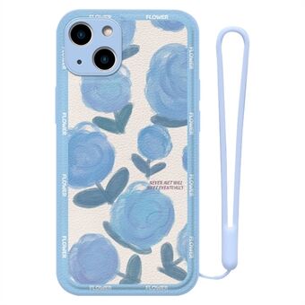 For iPhone 13 6.1 inch Embossment Flower Pattern Leather Coated TPU Case Anti-scratch Mobile Phone Cover with Hand Strap