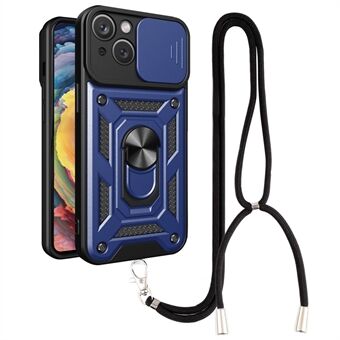 Anti-fall Ring Holder Phone Case For iPhone 13 6.1 inch, Slide Camera Protection PC + TPU Hybrid Phone Cover Kickstand with Lanyard