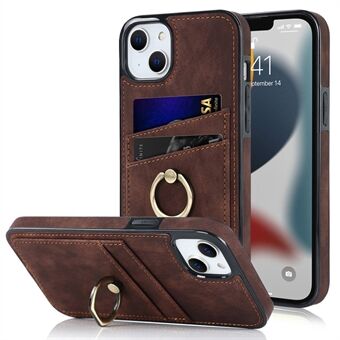 Ring Holder Kickstand Case for iPhone 13 6.1 inch, Retro PU Leather Coated TPU Card Slots Phone Cover